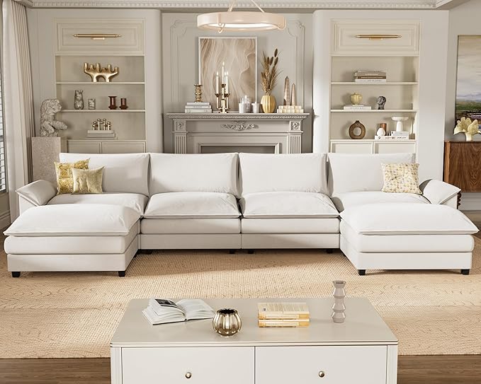 Homall 159" Modular Sectional Sofa, U Shaped Sofa Couch with Reversible Ottoman, DIY Combination Chenille Deep 4-Seat Cloud Couch for Living Room, Apartment (White, U Shaped Sofa)