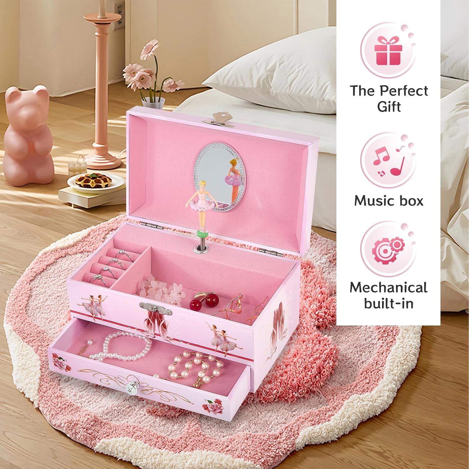 Classical Ballerina Musical Jewelry Box with Drawer and Dancing Ballerina,Girls Gifts for Kids Jewel Storage, Girls Music Box for Kids Ages 3-12 Gift