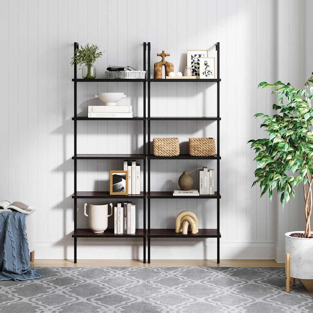Nathan James Theo 5-Shelf Wood Modern Bookcase, Open Wall Mount Ladder Bookshelf with Industrial Metal Frame, Walnut Brown/Black, Set of 2