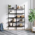 Nathan James Theo 5-Shelf Wood Modern Bookcase, Open Wall Mount Ladder Bookshelf with Industrial Metal Frame, Walnut Brown/Black, Set of 2