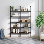 Nathan James Theo 5-Shelf Wood Modern Bookcase, Open Wall Mount Ladder Bookshelf with Industrial Metal Frame, Walnut Brown/Black, Set of 2