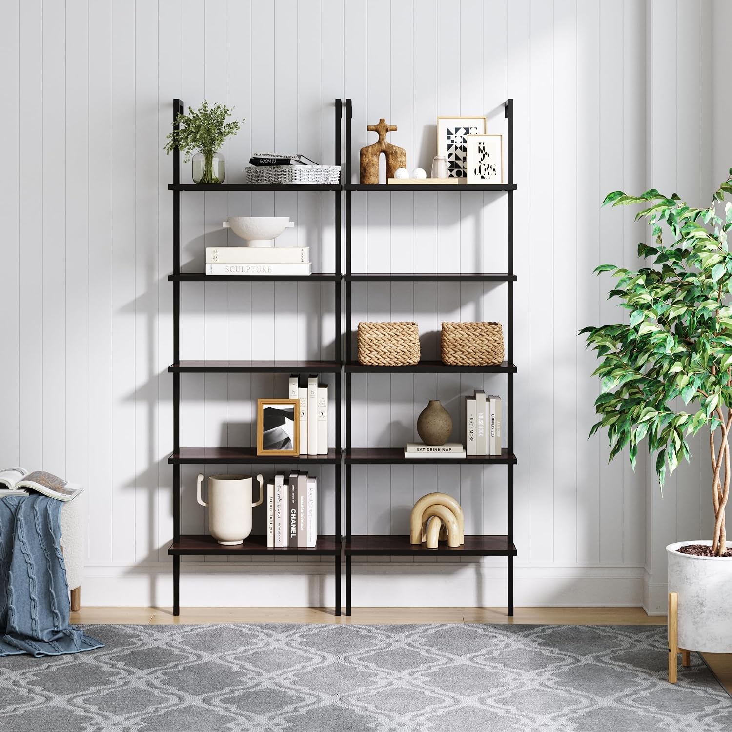 Nathan James Theo 5-Shelf Wood Modern Bookcase, Open Wall Mount Ladder Bookshelf with Industrial Metal Frame, Walnut Brown/Black, Set of 2