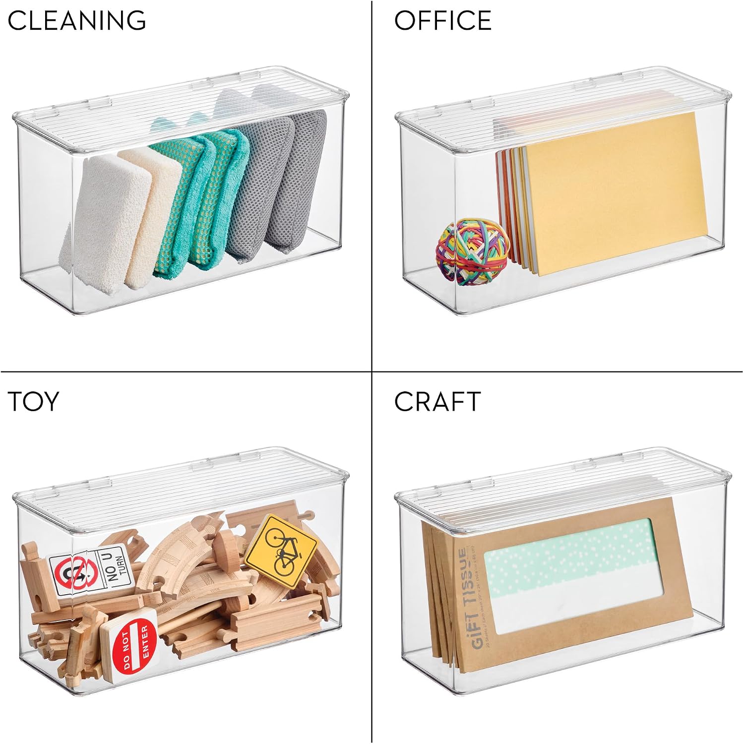 iDesign Plastic Stackable Hinged-Lid Storage Box - Set of 4 - Clear | Pantry or Kitchen Use
