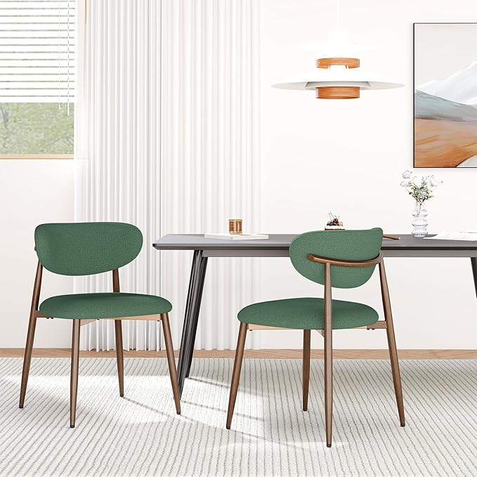 Dining Chairs Set of 2, Upholstered Dining Room Chairs with Metal Legs and Anti Slip Pads, Curved Back Kitchen Chair for Home and Restaurant Use, Green