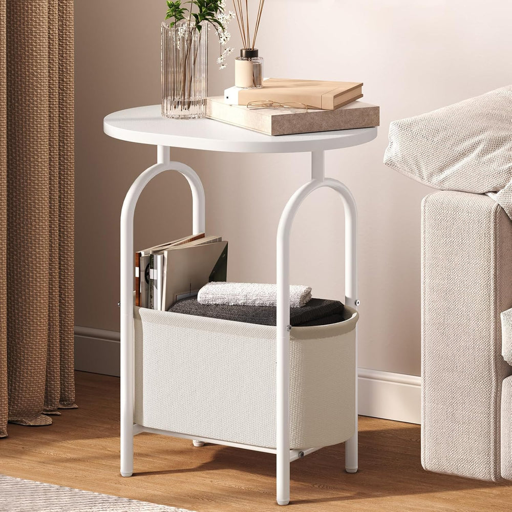 RALGEND Small Round Side Table with Fabric Basket Storage, Oval End Table for...