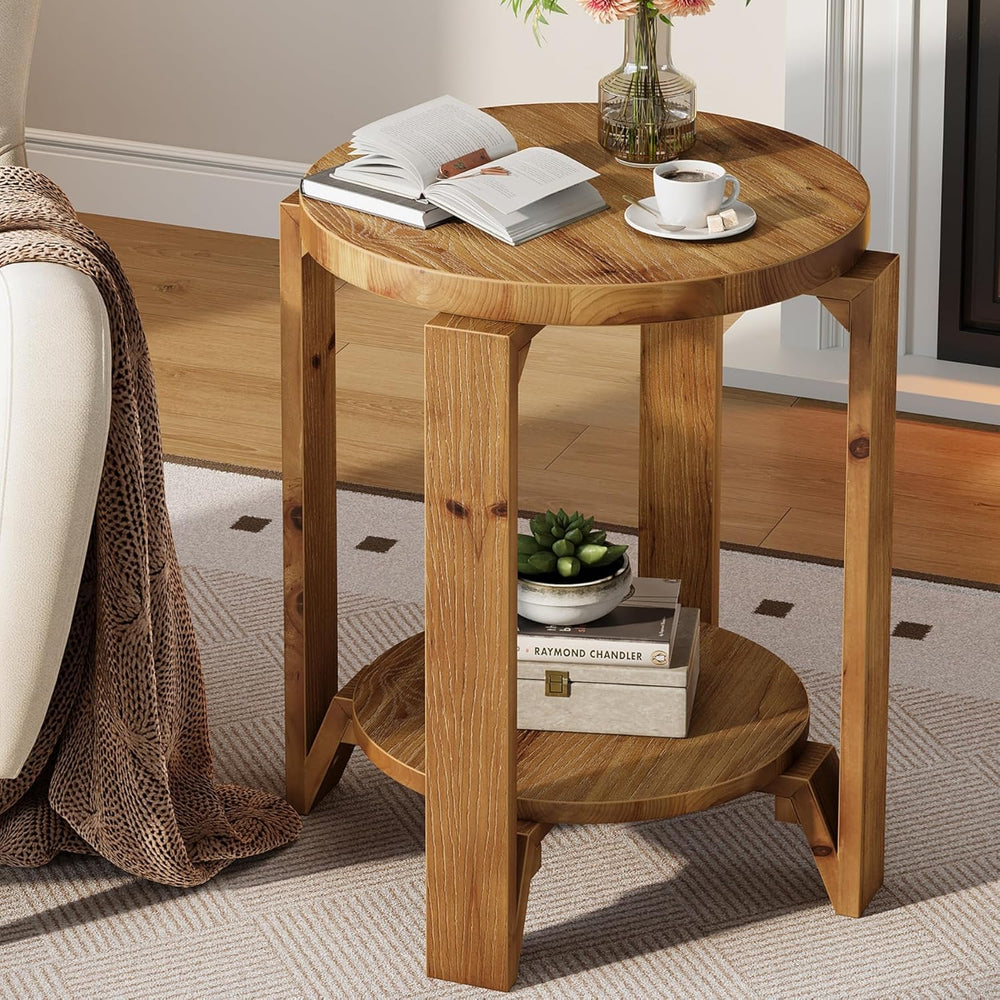 Solid Wood End Table, 2-Tier Round Wood Side Table for Living Room, Farmhouse...