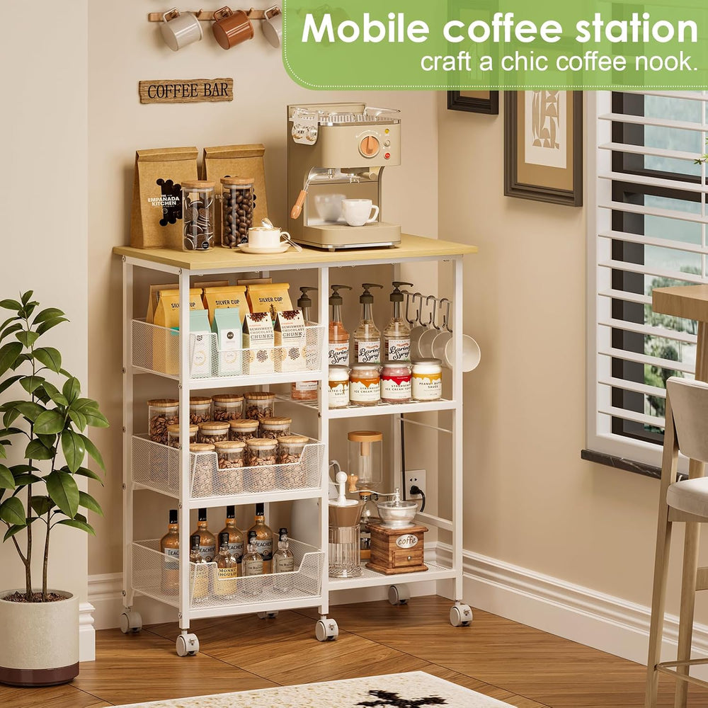 Rolling Kitchen Microwave Organizer Cart, Adjustable Shelves, White | Kitchen...