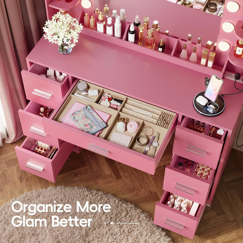 Furmax Vanity Desk with Hollywood Style Mirror with LED Lights, Makeup Table ...