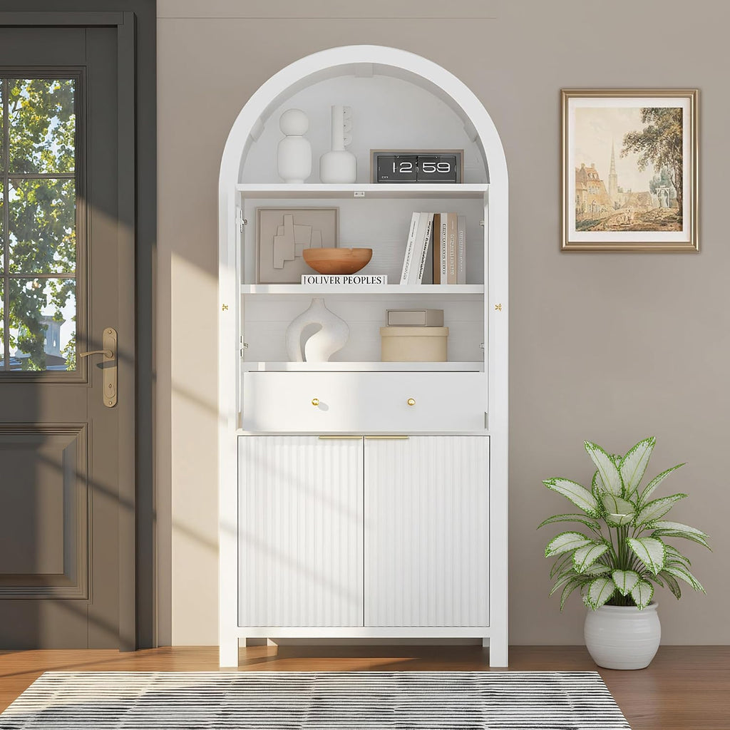 Fluted Tall Arched Pantry Cabinet with Adjustable Shelves & Hidden Drawer - Glass Door Storage for Kitchen, Living Room, Dining Room - Modern Elegant Display Unit (White)