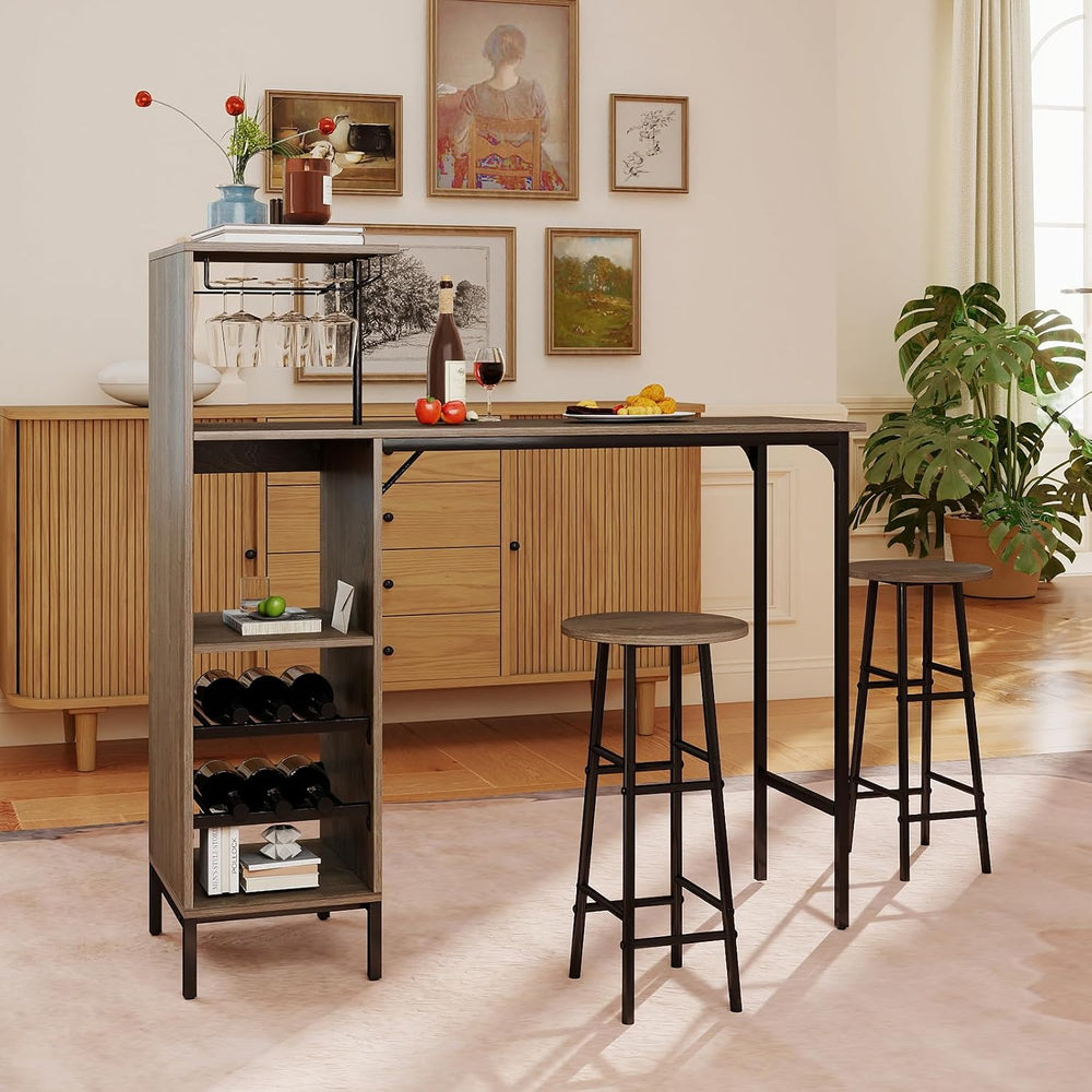 GOFLAME Bar Table Set for 2, Counter Height Dining Table Set with Shelves, Cu...
