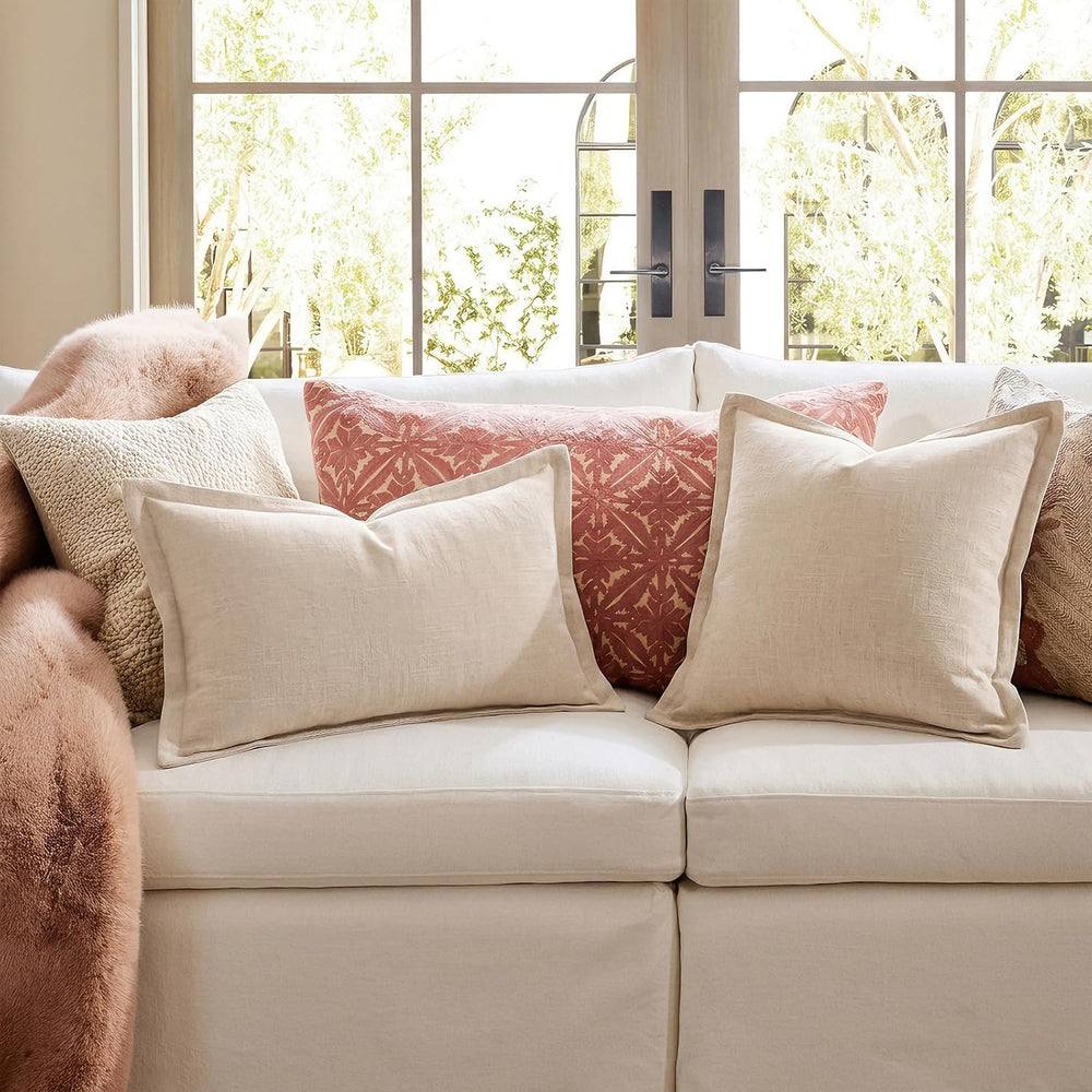 Fancy Homi 2 Pcs Linen Natural Neutral 28x28 Inch Flange Throw Pillow Cover