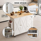 HOMREST 50.4" Kitchen Island with Drop Leaf & Power Outlet, Farmhouse Rolling Island Cart with 3 Spices Shelves on Wheels, Mobil Kitchen Island Table with Rubberwood Countertop Towel Rack, White