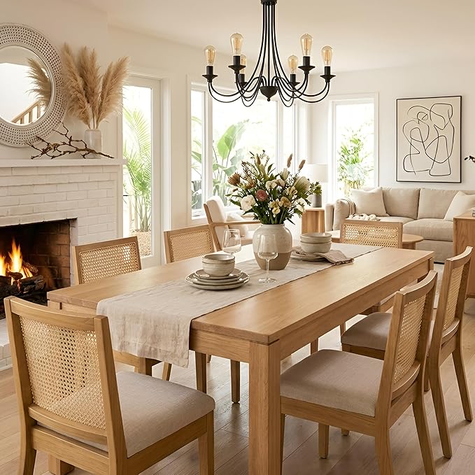 HNY Farmhouse Rattan Dining Chairs Set of 2, Mid Century Modern Kitchen & Dining Room Chairs, Cane Upholstered Kitchen Side Chair with Natural Hardwood Frame, Beige