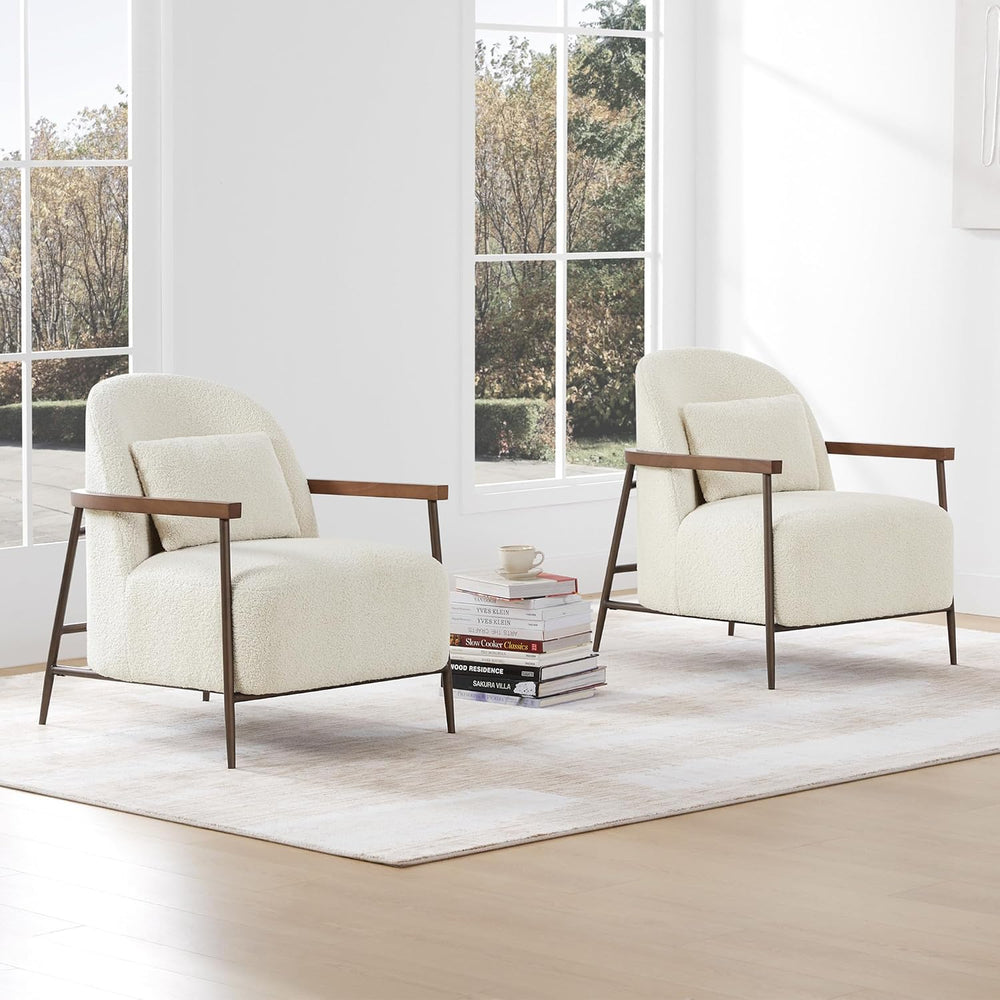 CHITA Accent Chair Set of 2, Sherpa Armchair with Wooden Armrest, Ivory