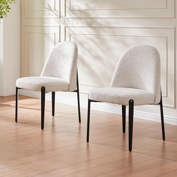 Morden Fort Boucle Dining Chairs Set of 2, Thick Upholstered Chairs with Metal Legs & Curved Backrest, Post Modern Minimalist Chair for Dining Room, Kitchen, Living Room, Bedroom, Apartments, White