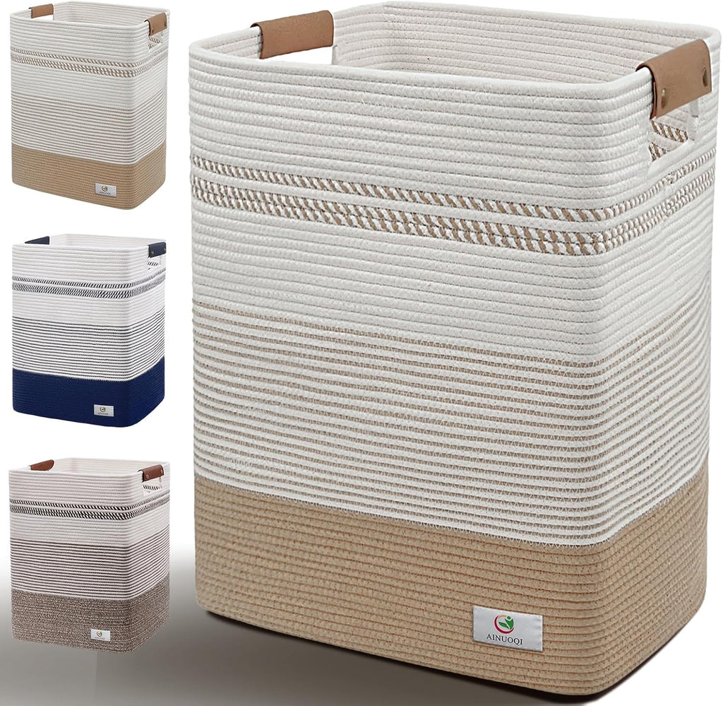 Laundry Hamper Large Laundry Basket with Leather Handles, Decorative Storage Cotton Rope Woven Basket for Blankets, Clothes Hamper for Living Room, Jute & White, 85L