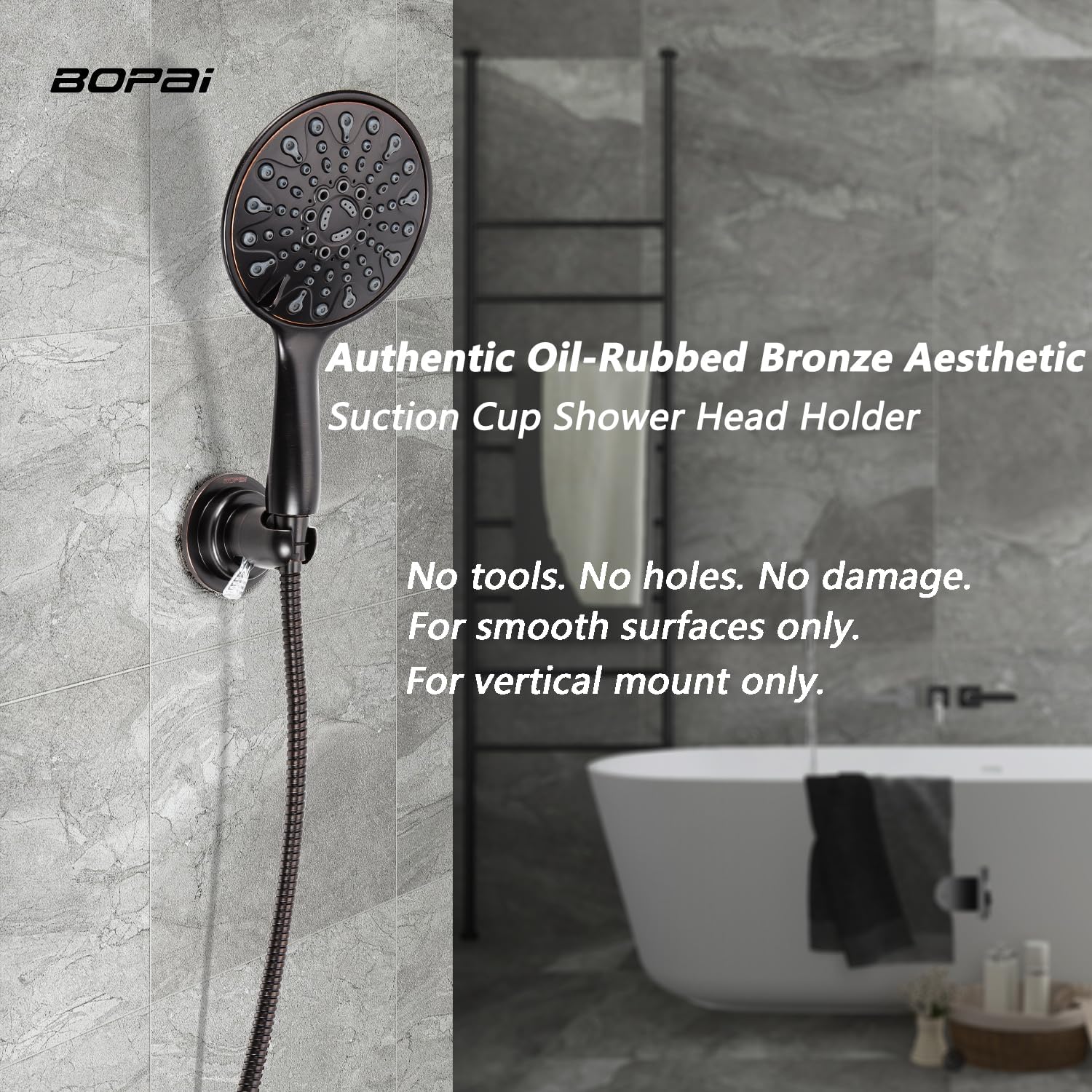BOPai Suction Cup Shower Head Holder for Handheld Shower – No Drill, for Smooth Surfaces Only, Vertical Mount Only, Oil Rubbed Bronze