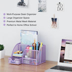 EasyPAG Mesh Desk Organizer with Drawer Multi-functional Pen Holder Stationery Organizer for Office School Supplies 6 Compartments Dorm Organizers and Storage for Desk, Light Purple