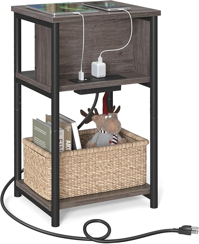 VASAGLE Side Table with Charging Station, 3-Tier End Table with USB Ports and...