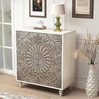 COSIEST 32" W Sideboard Buffet Cabinet with Storage, Accent Cabinet with 2 Push-to-Open Magnetic Doors, Vintage MDF Buffet Table for Living Room, Kitchen, Hallway (Gray,Flower Pattern)
