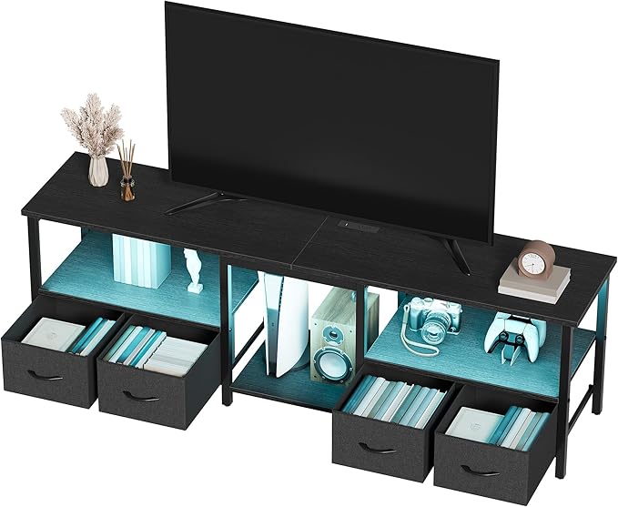 TV Stand for 80/75 Inch TV, LED Entertainment Center with 4 Fabric Drawers and Power Outlets, Modern Industrial TV Media Console for Living Room, Bedroom Storage Cabinet - 71'' Black