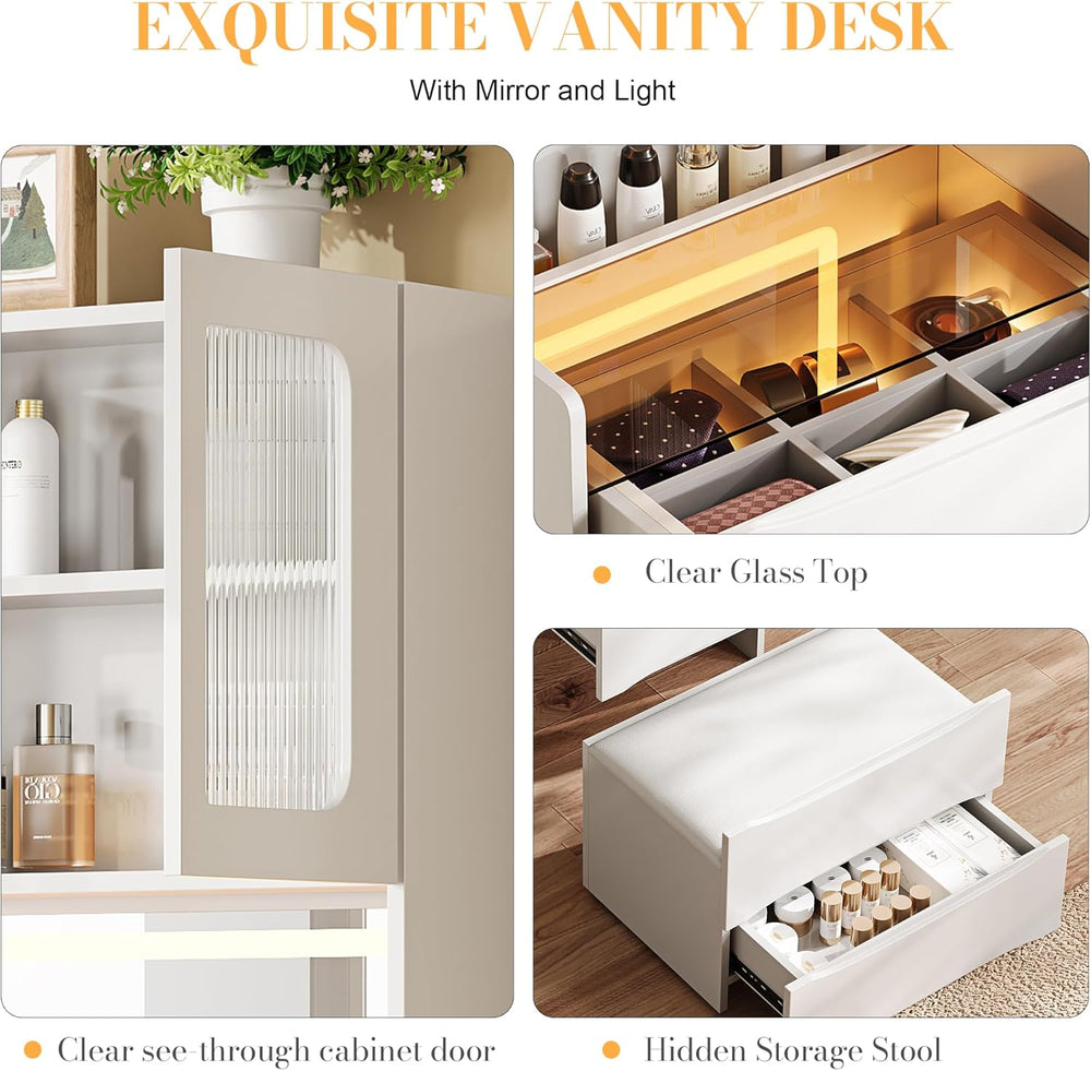 3 in 1 Small Vanity Desk Set with Flip-Top LED Mirror, Compact Makeup Desk wi...