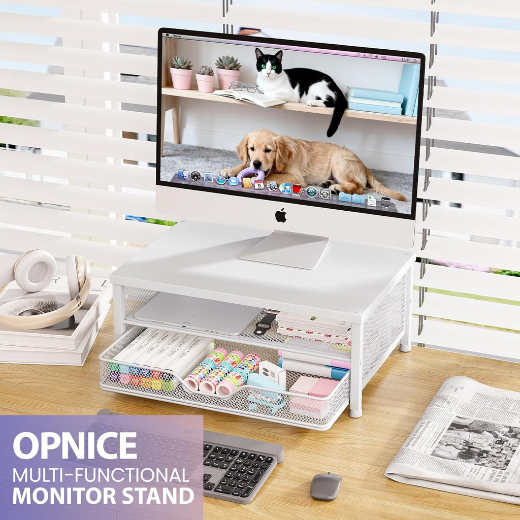 OPNICE Computer Monitor Stand Riser, Desk Organizer with Drawer, Laptop Stand, Office Desk Accessories & Workspace Desktop Organizers Storage for Office Supplies(White)