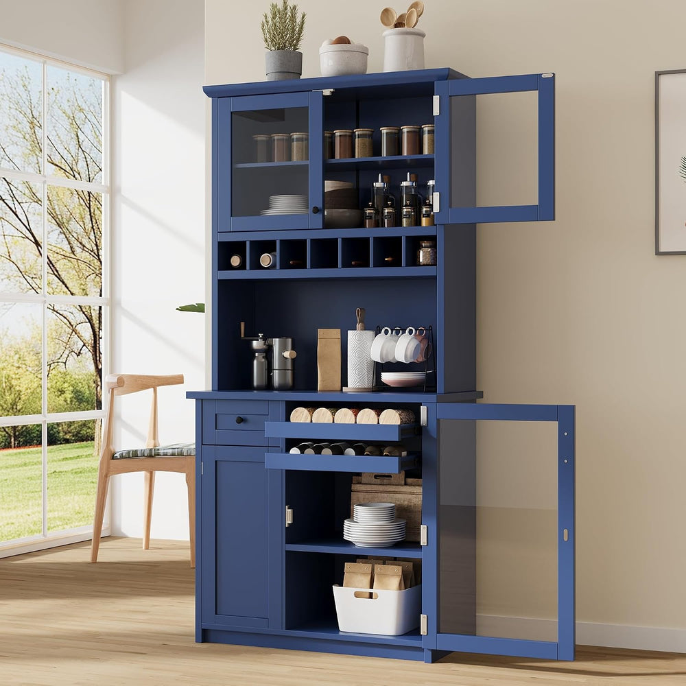Farmhouse Freestanding Buffet with Hutch, Tall Kitchen Pantry with Wine Rack ...