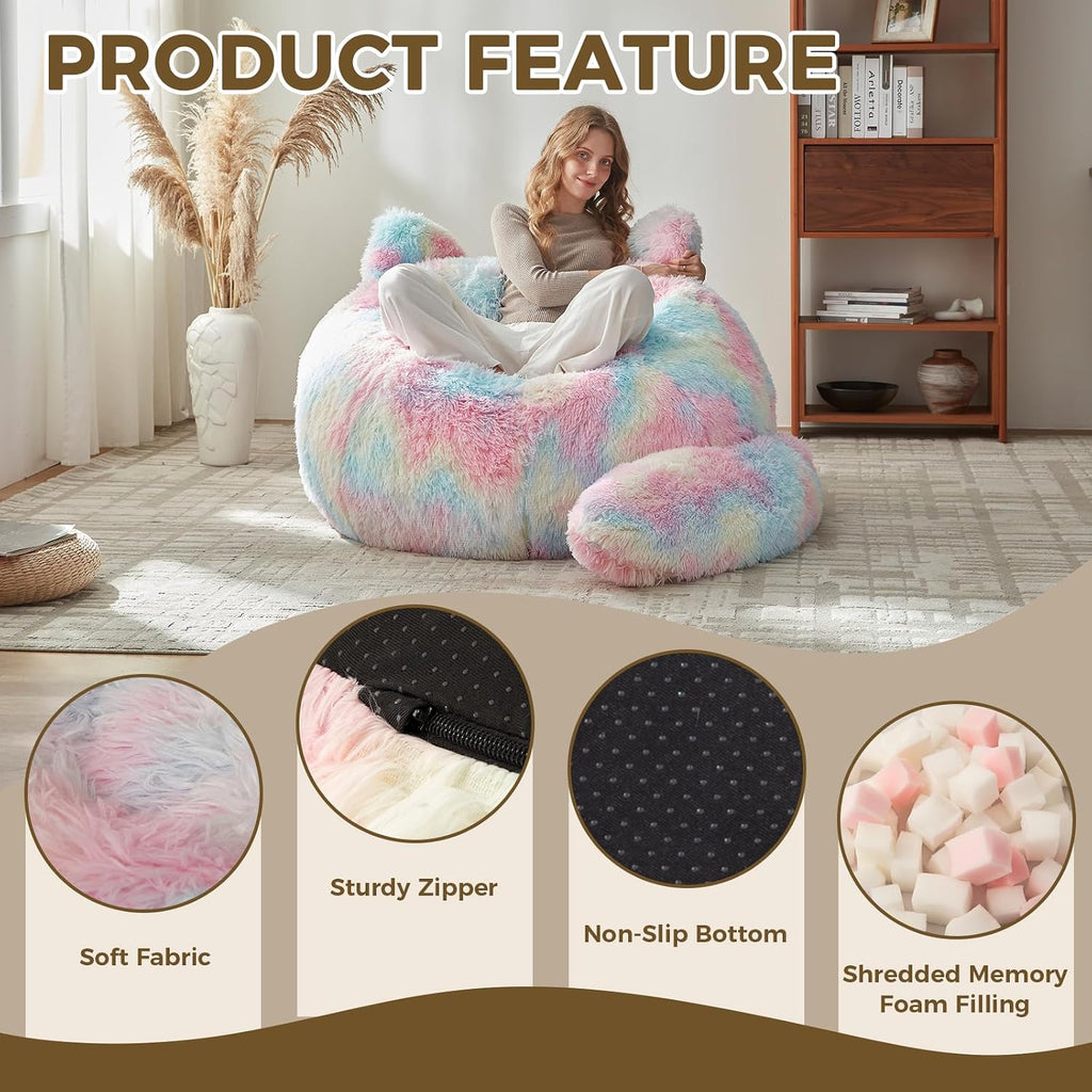 EBENCHICO Bean Bag Chair for Adults Teen,Giant Bean Bag Chairs Cat Design,Plush Faux Fur Beanbag Couch Comfy Accent Floor Sofa for Reading, Playing, Relaxing in Living Room, Bedroom