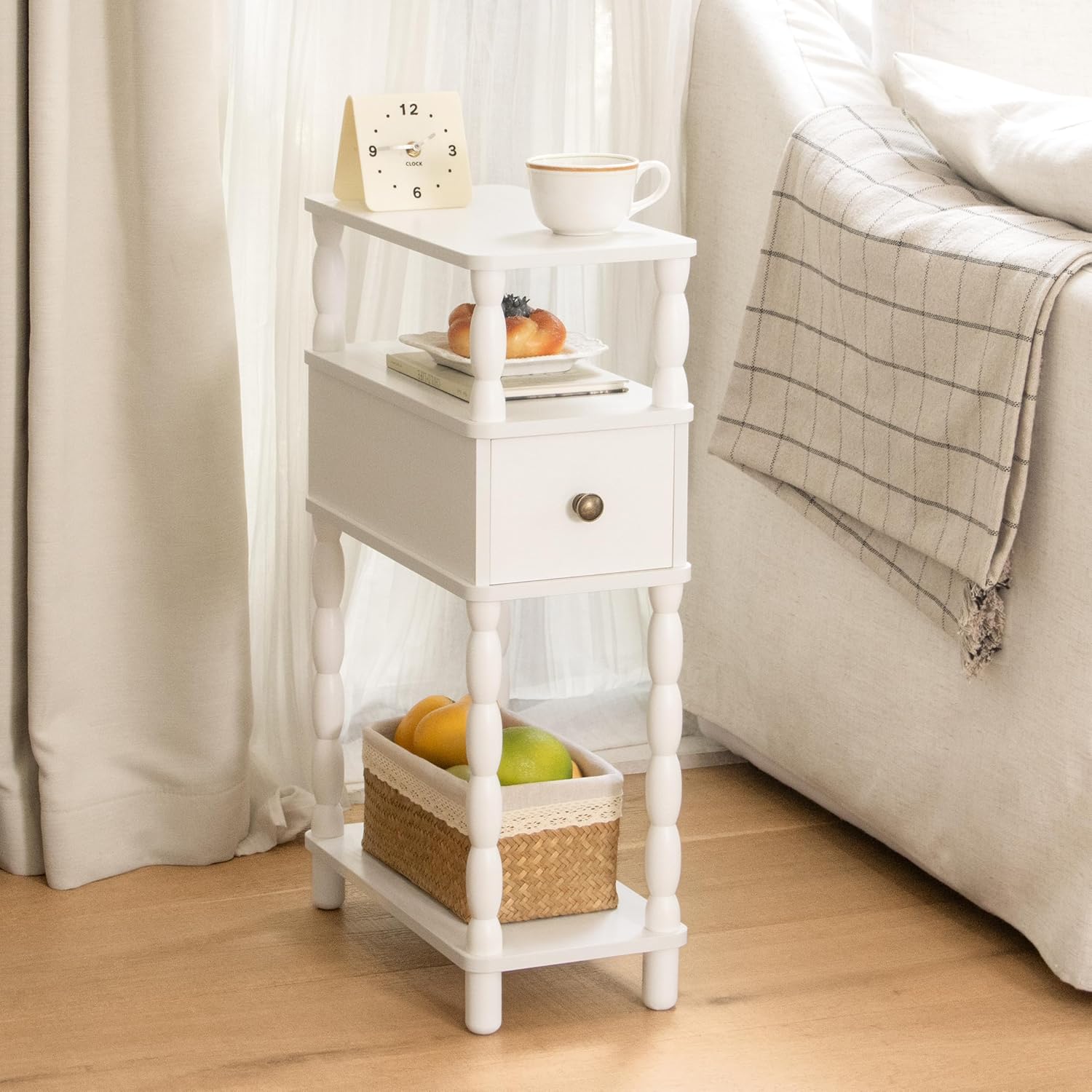MaxSmeo White Narrow End Table, Small Side Table Living Room, Skinny Bedside Table Nightstand with Drawer for Small Spaces, Bedroom (White)