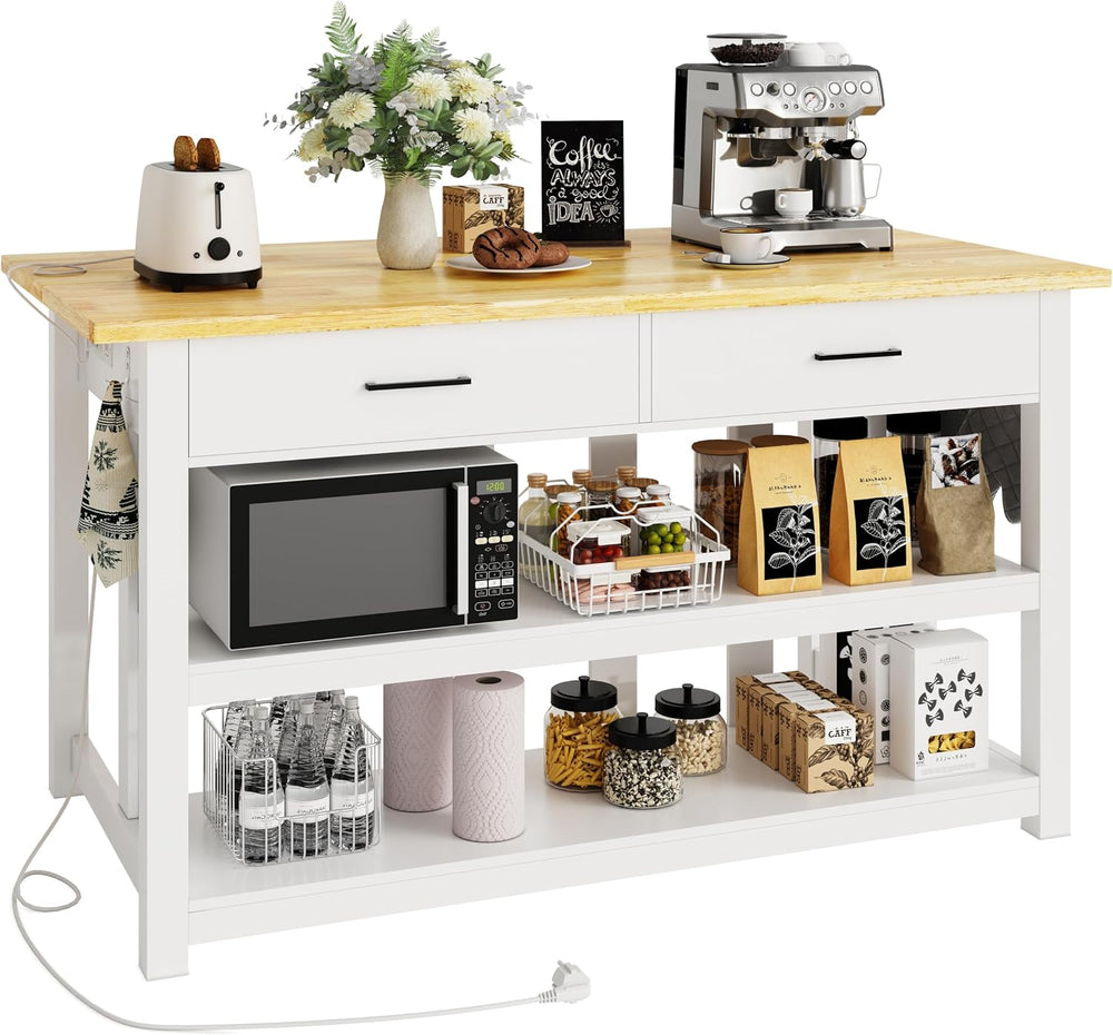 DynJest 47.3" Solid Rubberwood Kitchen Island with Power Outlets, White ...
