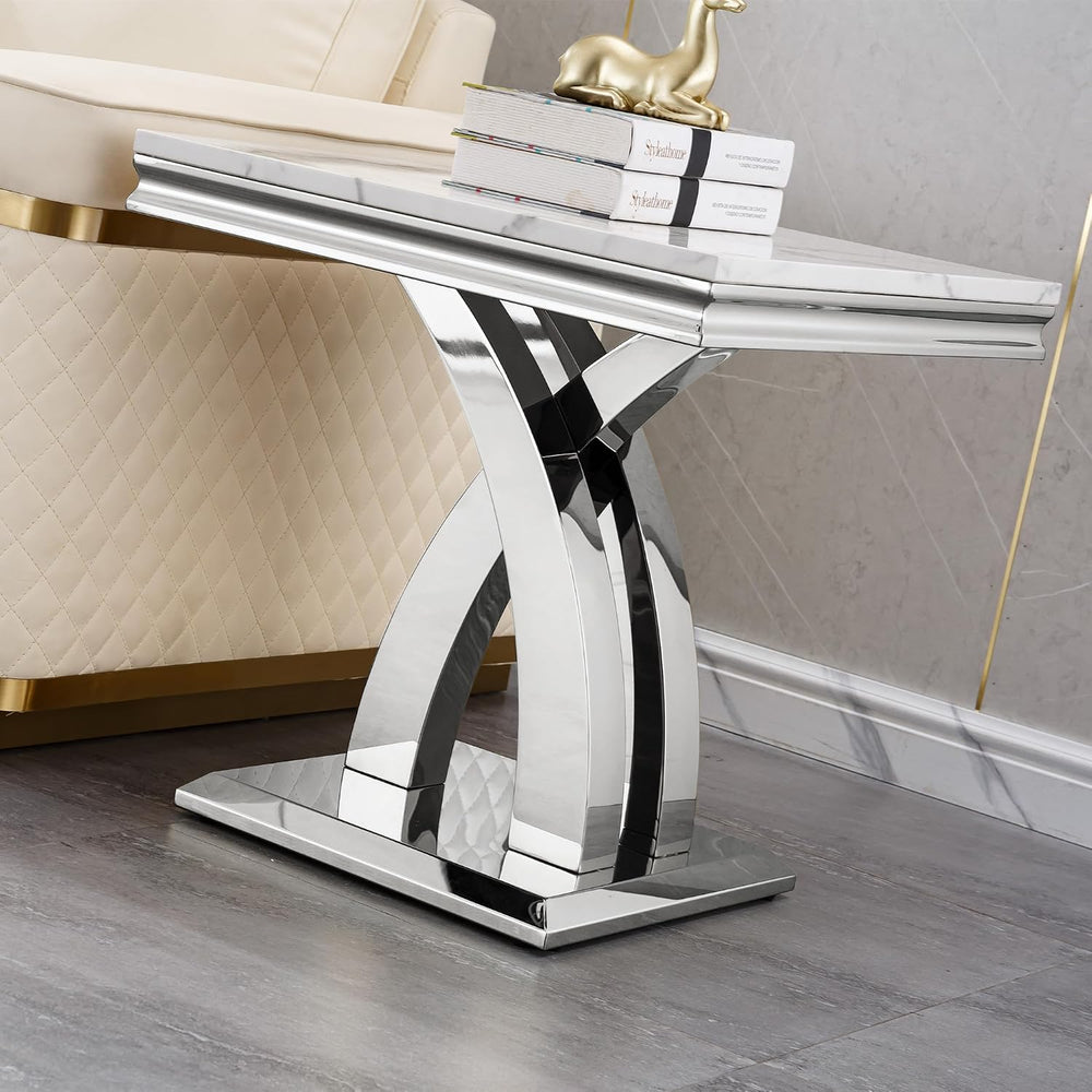 1 Piece Living Room End Table Luxury Faux Marble Sofa Side Table, Modern Whit...