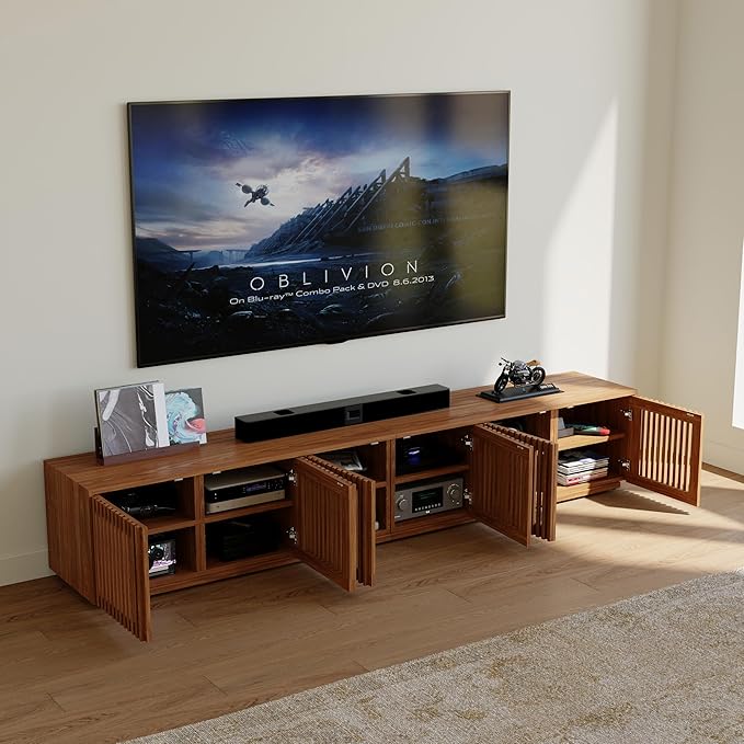 POVISON Full Assembled Mid Century Modern TV Stand, Wood Slatted Media Console for 75+ inch TV, Entertainment Center with Storage for Living Room, Low Cabinet with Removable Shelves