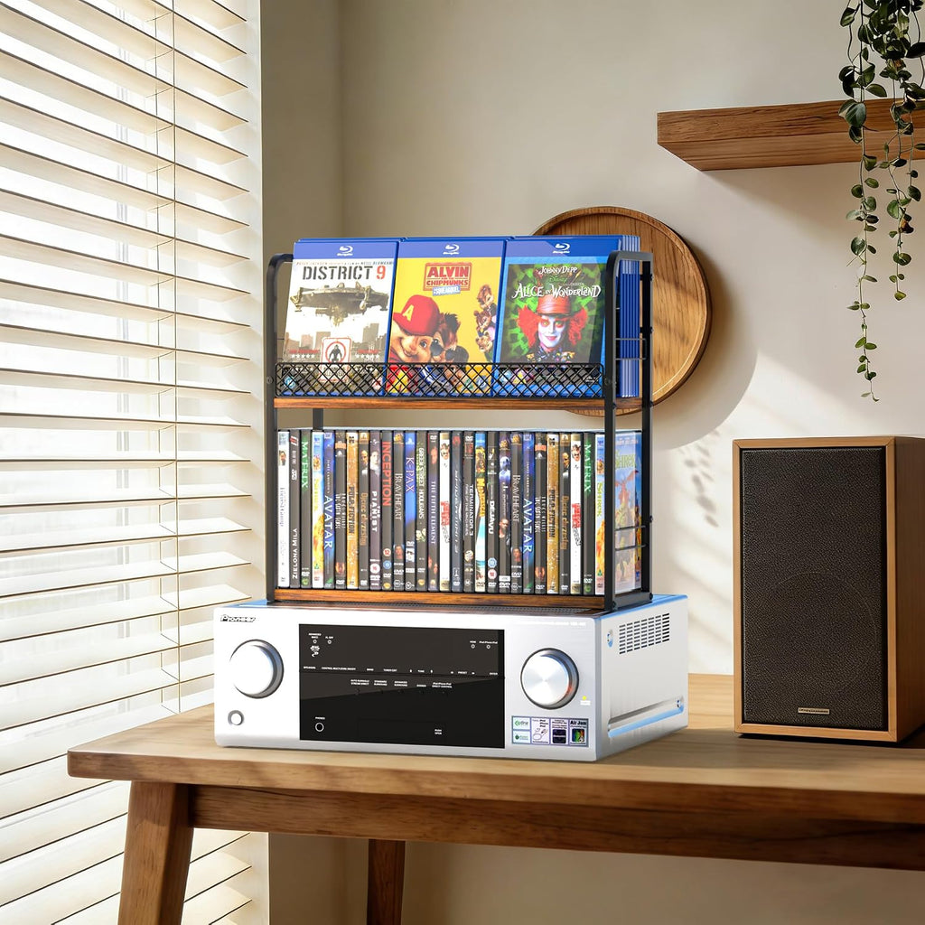 Alyoen 2-Tier DVD Storage Rack, DVD Shelf, DVD Holder Organizer with Display Top Shelf & Non-slip Pads, Stores Up to 56 DVDs, Retro DVD Stand Tower for Music Enthusiasts, Collection