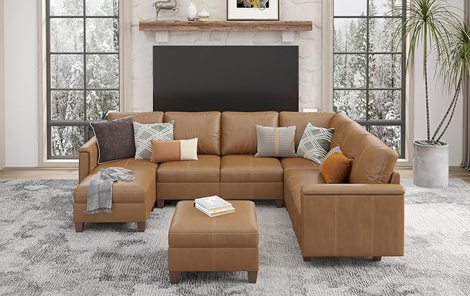 SITJOY 118" Faux Leather Modular Sectional Sofa with Storage, Mid Century Modern Sectional Couches for Living Room, 6 Seater V Shaped Couch with Chaise, Brown