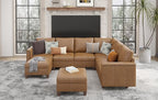 SITJOY 118" Faux Leather Modular Sectional Sofa with Storage, Mid Century Modern Sectional Couches for Living Room, 6 Seater V Shaped Couch with Chaise, Brown