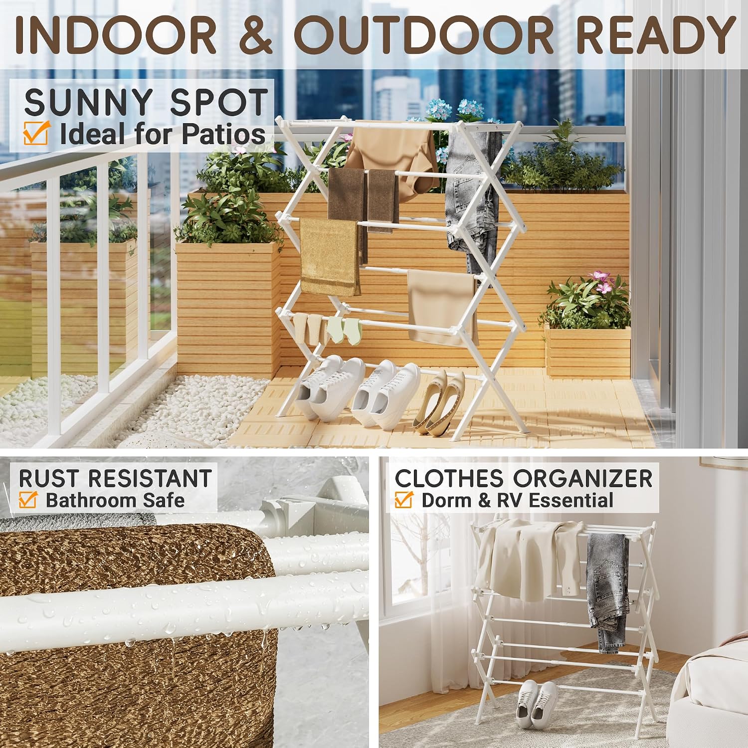 Collapsible Laundry Drying Rack for Small Apartment,35 lbs Carbon Steel with Reinforced Joints, Adjustable Space Saving Indoor Outdoor Rack, No Tools, 17.7"-29" W x 12" D x 35.5" H, White