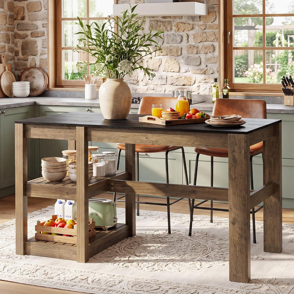 Tribesigns 55" Kitchen Island with Storage Shelves, Rustic Brown and Bla...