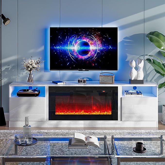 oneinmil 80” TV Stand with 36” Electric Fireplace, Large Modern Media Entertainment Center with Storage Cabinet and 12 Colors LED Lights for TVs Up to 90", White+Black
