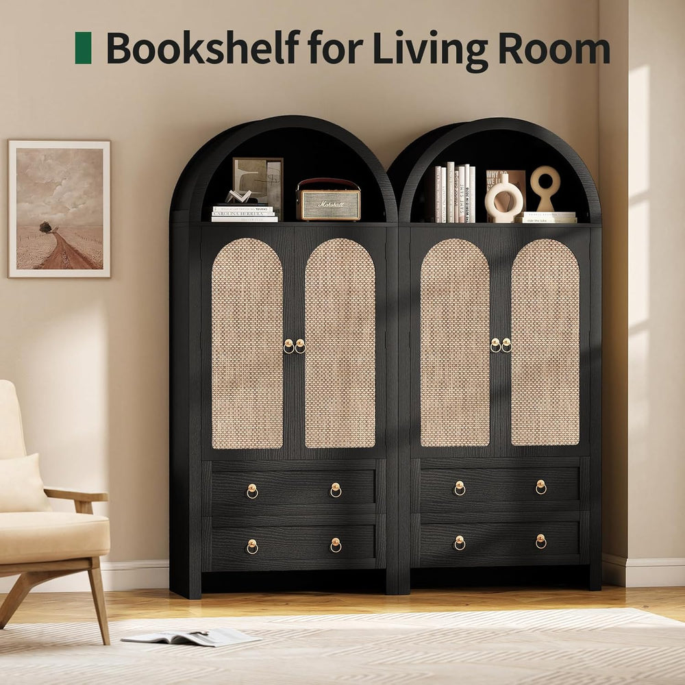 71" Arched Cabinet Kitchen Pantry Cabinet with Rattan Doors, Storage Cab...