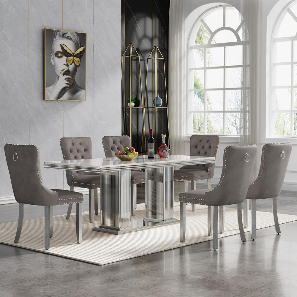 HomVent 68'' Silver Faux Marble Dining Table Set with 6 Grey Velvet C...