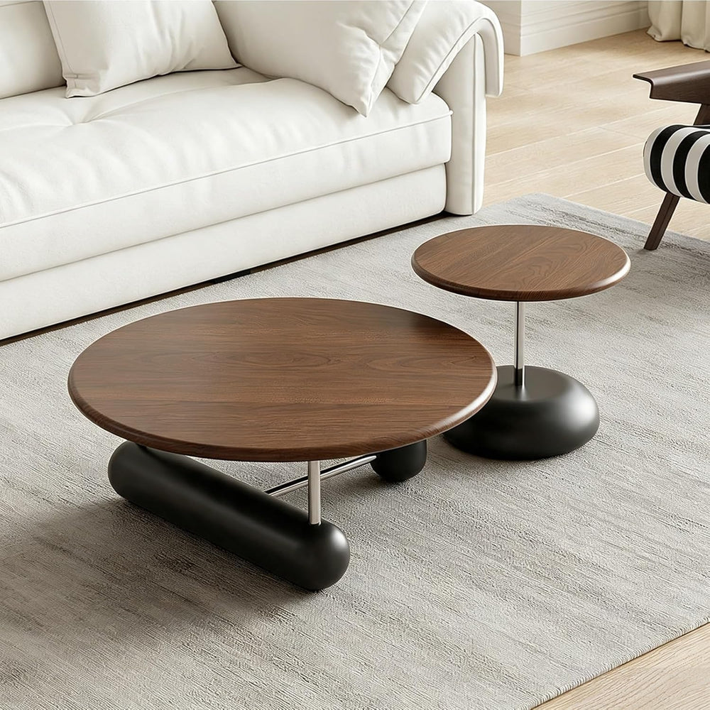 Walnut Veneer Nesting Round Coffee Table Set with Metal Base Center Table | M...