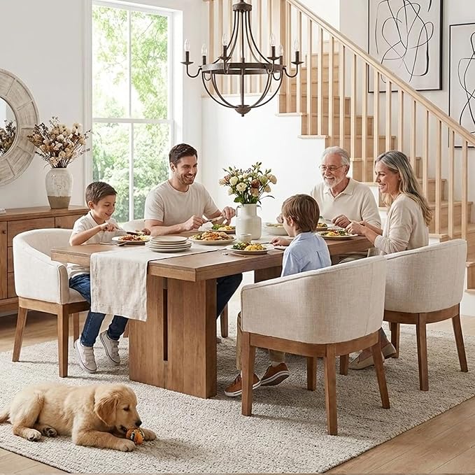 Wahson Mid Century Barrel Dining Chairs Set of 6, Beige Dining Room Chairs with Arms, Linen Upholstered Kitchen Chairs with Natural Wood Legs, for Bedroom/Living