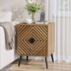Nightstands, Walnut Night Stand with Diamond-Patterned Drawer Decor, Mid Century Modern Nightstand, Bedside Table with Diamond Handle, End Tables Bedroom with Metal Legs, Night Stand for Bedroom