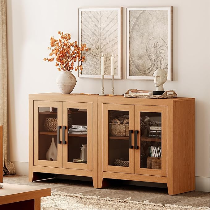 WAMPAT Farmhouse TV Stand for TVs up to 65”, Rustic Wood Entertainment Center with Adjustable Shelf, Glass Doors & Storage, Media Console Cabinet for Living-Room, Bedroom, Mocha