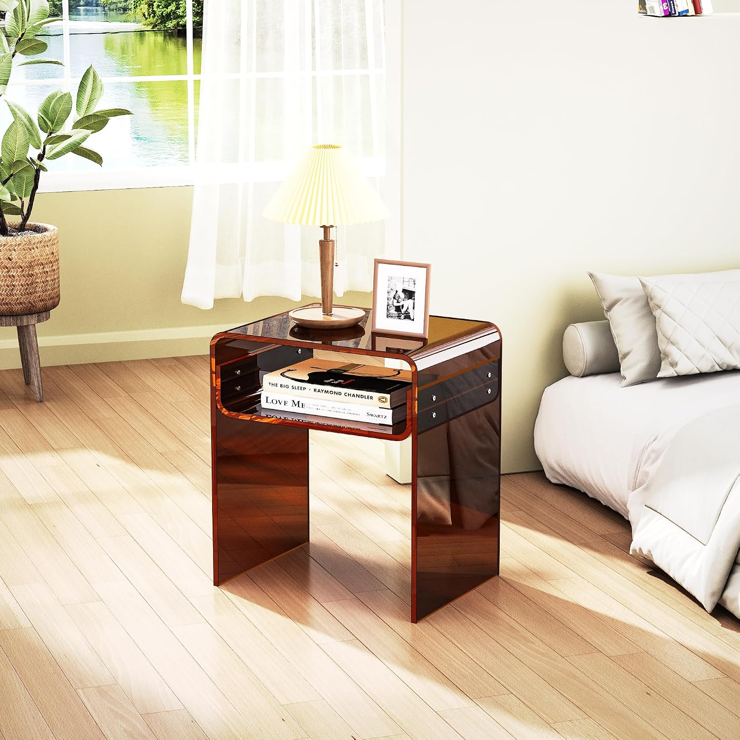 Clear Acrylic End Table 2-Tier Bedside Nightstand for Living Room Bedroom (1, Dark Brown)