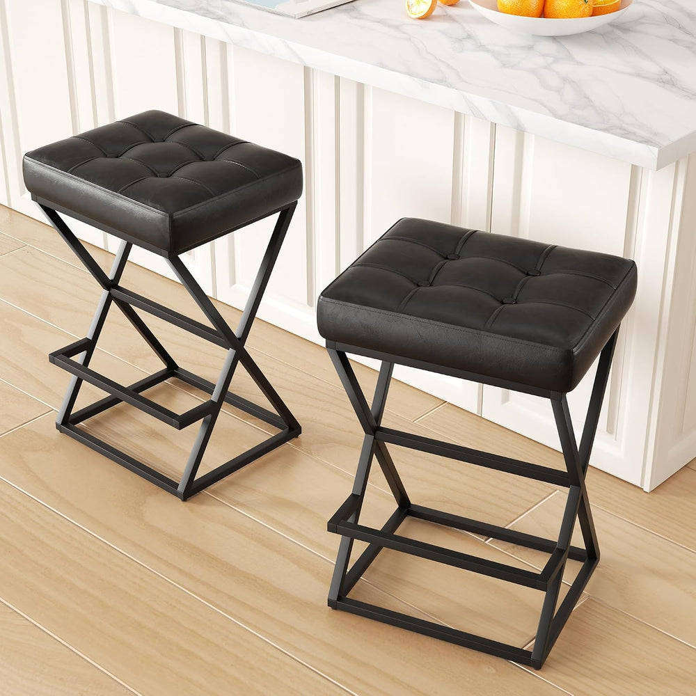 Bar Stools Set of 2, 26" Leather Counter Height Bar Stools, Black