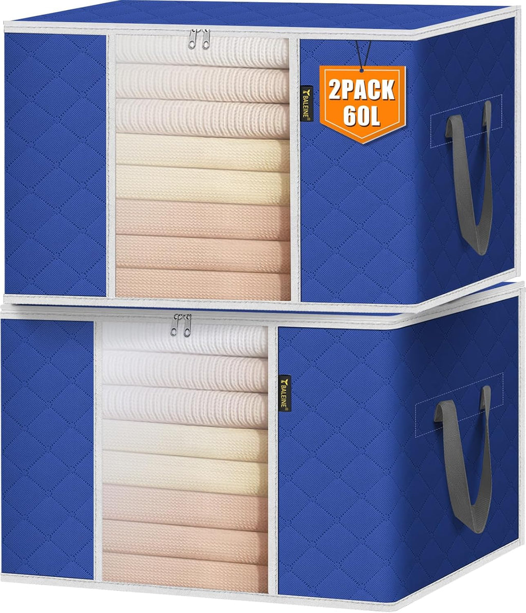 BALEINE 2 Pack Clothes Storage Bags, 16 Gallon Storage Containers with Reinforced Handle, Sturdy Zipper, Closet Organizer for Blanket, Comforter, Pillow, Bedding (Blue, 2 Pack)