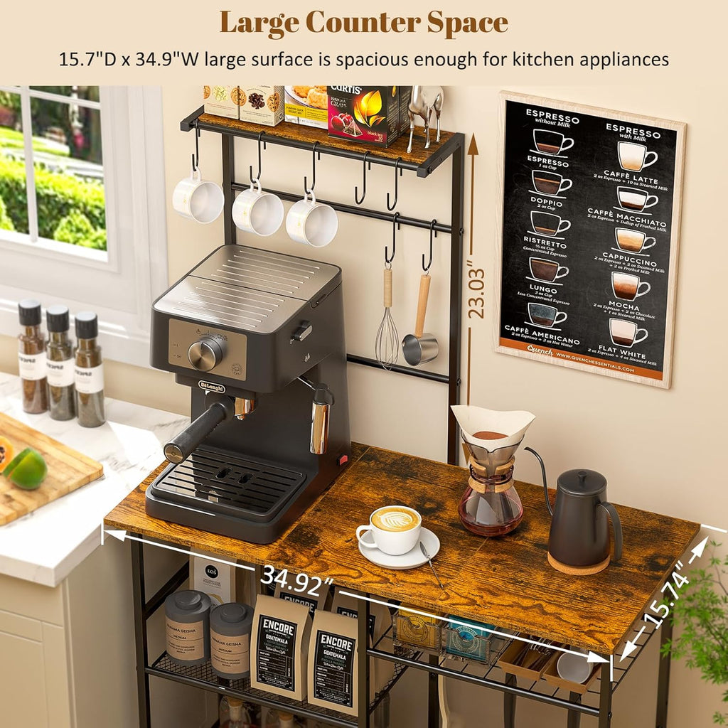 3IngSeagulls Baker's Rack for Kitchen with Storage, Microwave Stand with Adjustable Shelves and 10 S Hooks, 6-Tier Coffee Bar Station, Kitchen Shelves for Spices, Pots, Rustic Brown