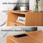 Night Stand Set 2, Mid Century Modern Nightstands, Rattan Bedside Table with Charging Station, Boho End Table with Drawer Storage, Solid Wood Legs Bed Side Tables for Bedroom, Cherry